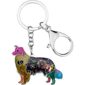 BONSNY Enamel Metal Heart Rhinestone Border Collie Dog Sheltie Key Chains For Women Car Purse bag Rings Charms Pets Gift