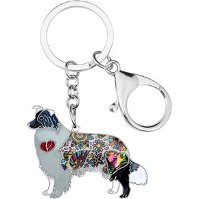 BONSNY Enamel Metal Heart Rhinestone Border Collie Dog Sheltie Key Chains For Women Car Purse bag Rings Charms Pets Gift