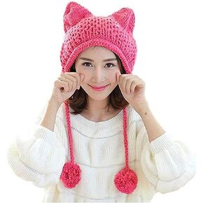 Hot Pink Pussy Cat Beanie for Women's March Knitted Hat with Pom Pom Ear Cap