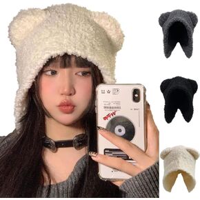 Y2K Bear Ears Beanie Crochet Hat for Women,Kawaii Warm Knitted Slouchy Winter Hat Alt Accessories