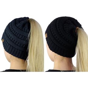 C.C BeanieTail Soft Stretch Cable Knit Messy High Bun Ponytail Beanie Hat, 2 Pack