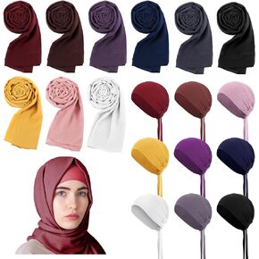 18 Pcs Muslim Hijab Scarves for Women with Under Scarf Cap Chiffon Shawl Islamic Caps with Tie-Back Closure (Vivid Colors)