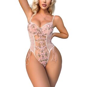 ADSEXY Women Sexy Lace Up Floral Embroidered Teddy Lingerie Bodysuit Top Mesh Sheer One Piece