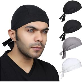 BISMAADH 4 Pack Cotton Doo Rags Helmet Liner Beanie Skull Caps Hats Dew Rags Bandana Headwrap Sweat Hard Hat for Men
