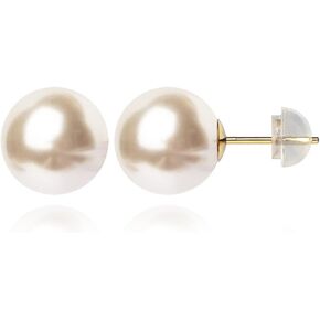 14k real solid Gold Swarovski 10mm pearl Stud Earrings for Women Yellow Gold Hypoallergenic
