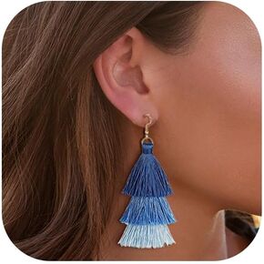 FINREZIO Dangle Tassel Blue Earring for Women Girls Boho Earring Long Thread Tassel Earrings Bohemian Fringe Drop Handmade EarringsGradient