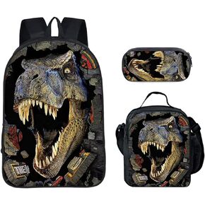 Dinosaur Backpack 3-in-1 Kids School Bag Backpack school set 17 Inch Laptop Backpack with Insulated lunch bag and Pencil Case for Boys and Girls Back to school (Dinosaur-A)