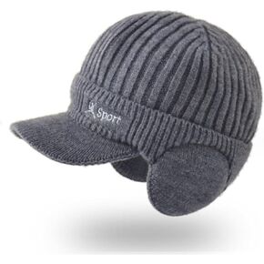 Grahoe Men Winter Knit Hat with Warm Earflaps Winter Outdoor Sports Beanie Hat Ski Cap with Visor Knitted Baseball Cap Gray