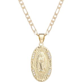 yipima 14K Gold Plated Guadalupe Virgin Mary Oval Zircon Inlay Pendant Necklace for Women Men 3mm Flat Figaro Chain Necklace 18/22 inches