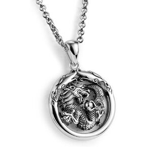 H&Beautimer Genuine 925 Sterling Silver Necklace - Men's Vintage Dragon Pendant Rolo Chain 18-20-22-24-26-28-30 Inch - Original Silver Jewelry For Men And Boys