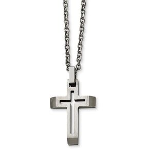 Solid Stainless Steel Men's and Brushed Cut-out Cross Pendant Necklace Charm Chain 20"