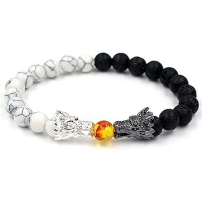 JczR.Y Dragon Bracelet Black Lava White Howlite Beaded Dragon Head Bracelet Stretch Natural Stone Turquoise Tiger Eye Bracelet for Women Retro Luck Charm Healing Beads Bracelet Jewelry