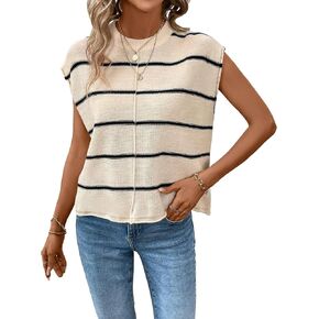 Milumia Women's Striped Cap Sleeve Pullover Sweater Casual Crew Neck Knit Tops