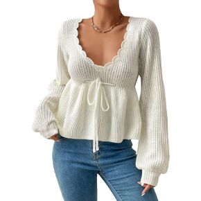 Verdusa Women's Bishop Long Sleeve Deep V Neck Tie Front Knit Sweater Peplum Top