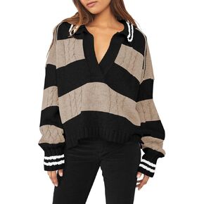 Pink Queen Women's 2023 Fall Casual Oversized Pullover Sweaters Lapel Collar V Neck Long Sleeve Cable Knit Striped Jumper Top