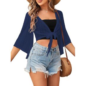 ZAFUL Women's Cropped Bolero Sheer Shrugs for Dress Short Sleeve Tie Front Cardigan