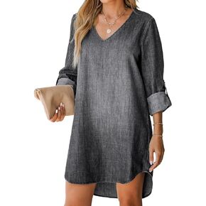 CUPSHE Women's Casual Mini Dress V Neck Dolphin Hem Roll-Tab Cuffs Long Sleeve A Line Short Loose Fit Demin Dresses
