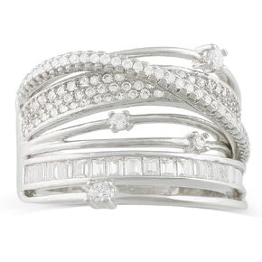Rhodium Plated CZ Prong with Baguette Wide Band Cocktail Ring