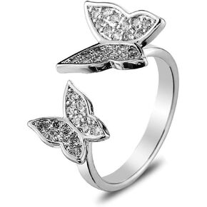 Double Rhinestone Butterfly Finger Rings Open Adjustable Ring for Women