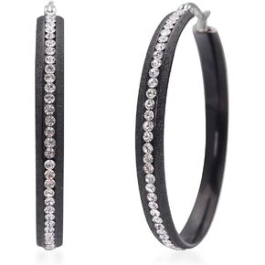 Shop LC Crystal Pave Hoop Earrings - Ion Plated Stainless Steel Hoop Earrings for Women - Crystals in Black, Rainbow Shimmer & Textured Steel Bezel HoopsJewelry Birthday Gifts for Women