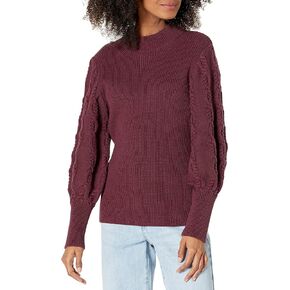 Cable Stitch Women's Cable Sleeve Ribbed Sweater - Mock Neck Long Blouson Lantern Sleeve Pullover Top