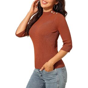 Rocorose Women's 3/4 Sleeve Pullover Sweater Tops Mock Neck Basic T-Shirt with Button Slim Fitted Knit Blouses