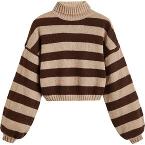 WDIRARA Women's Striped Pattern Turtleneck Long Lantern Bishop Sleeve Stretchy Knitted Sweater