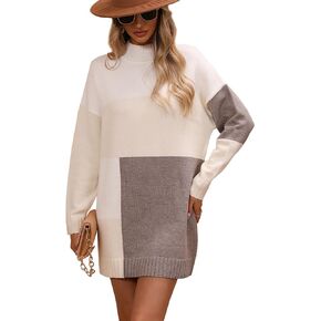 Women's Color Block Knit Tunic Sweater Dress Crew Neck Long Sleeve Mini Tunic Pullover Sweater