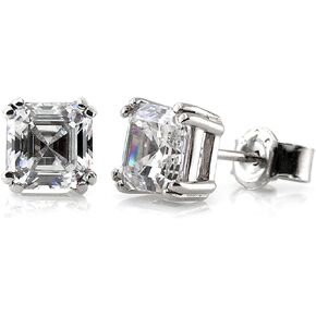 BERRICLE Sterling Silver Solitaire Asscher Cut Cubic Zirconia CZ Anniversary Stud Earrings for Unisex, Rhodium Plated