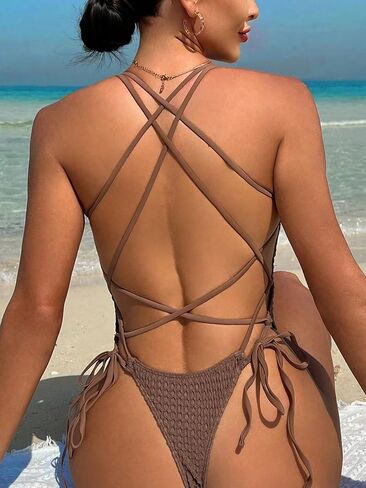 بدلة سباحة نسائية مثيرة من قطعة واحدة من SHENHE ذات قصة عالية وأربطة بدون ظهر in Kuwait