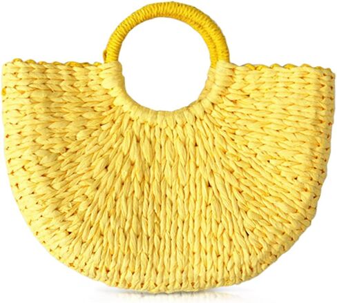 QTKJ Simple Retro Semi-circle Rattan Straw Bag Hand-Woven Round Handle Handbags Summer Beach Bag Tote Straw Bag Purse (Yellow) in Saudi Arabia