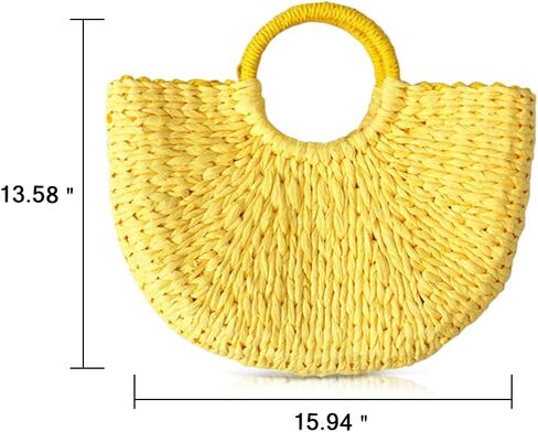 QTKJ Simple Retro Semi-circle Rattan Straw Bag Hand-Woven Round Handle Handbags Summer Beach Bag Tote Straw Bag Purse (Yellow) in Saudi Arabia