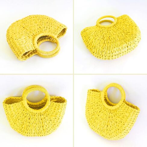 QTKJ Simple Retro Semi-circle Rattan Straw Bag Hand-Woven Round Handle Handbags Summer Beach Bag Tote Straw Bag Purse (Yellow) in Saudi Arabia