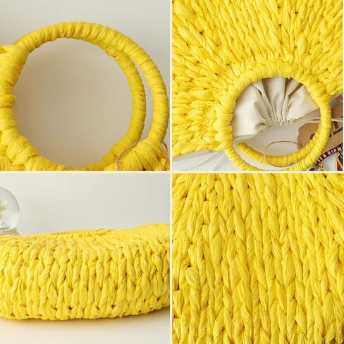 QTKJ Simple Retro Semi-circle Rattan Straw Bag Hand-Woven Round Handle Handbags Summer Beach Bag Tote Straw Bag Purse (Yellow) in Saudi Arabia