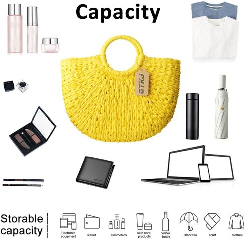 QTKJ Simple Retro Semi-circle Rattan Straw Bag Hand-Woven Round Handle Handbags Summer Beach Bag Tote Straw Bag Purse (Yellow) in Saudi Arabia