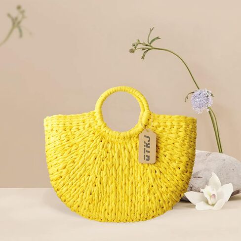 QTKJ Simple Retro Semi-circle Rattan Straw Bag Hand-Woven Round Handle Handbags Summer Beach Bag Tote Straw Bag Purse (Yellow) in Saudi Arabia
