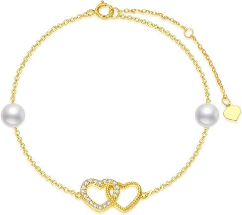SISGEM 14k Gold Double Heart Bracelet for Women, Real 14 kt Gold Pearl Love Jewelry Bracelets Gifts Her, 6.8" 8.4" in Saudi Arabia