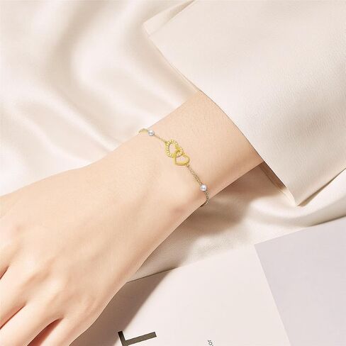 SISGEM 14k Gold Double Heart Bracelet for Women, Real 14 kt Gold Pearl Love Jewelry Bracelets Gifts Her, 6.8" 8.4" in Saudi Arabia