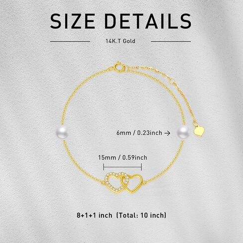 SISGEM 14k Gold Double Heart Bracelet for Women, Real 14 kt Gold Pearl Love Jewelry Bracelets Gifts Her, 6.8" 8.4" in Saudi Arabia