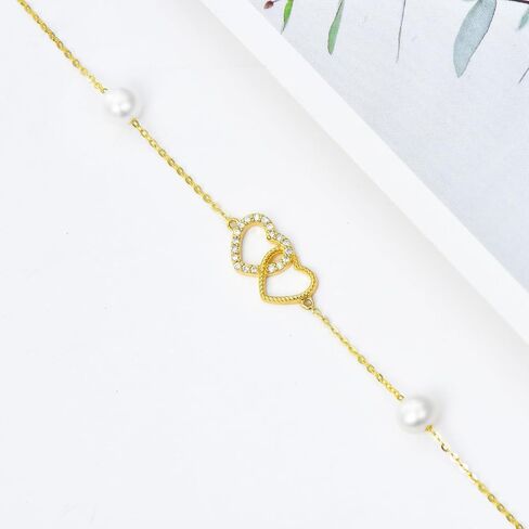 SISGEM 14k Gold Double Heart Bracelet for Women, Real 14 kt Gold Pearl Love Jewelry Bracelets Gifts Her, 6.8" 8.4" in Saudi Arabia