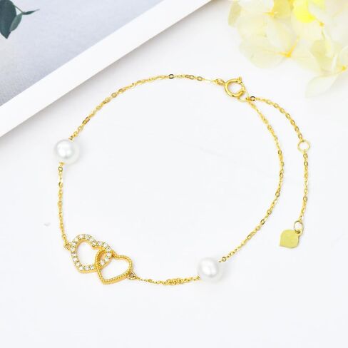 SISGEM 14k Gold Double Heart Bracelet for Women, Real 14 kt Gold Pearl Love Jewelry Bracelets Gifts Her, 6.8" 8.4" in Saudi Arabia