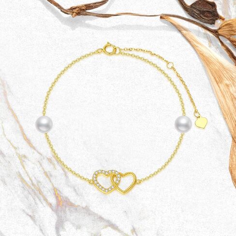 SISGEM 14k Gold Double Heart Bracelet for Women, Real 14 kt Gold Pearl Love Jewelry Bracelets Gifts Her, 6.8" 8.4" in Saudi Arabia
