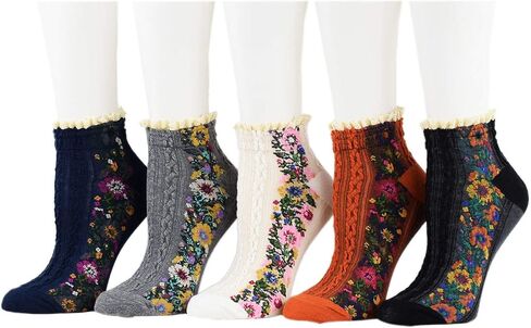 5 Pairs Women's Flower Socks with Lace Female Vintage Ethnic Floral Cotton Socks in Saudi Arabia