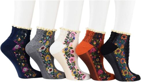 5 Pairs Women's Flower Socks with Lace Female Vintage Ethnic Floral Cotton Socks in Saudi Arabia