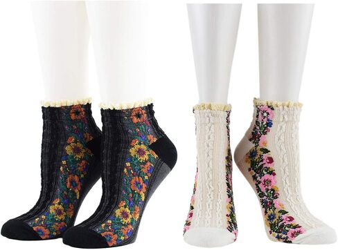 5 Pairs Women's Flower Socks with Lace Female Vintage Ethnic Floral Cotton Socks in Saudi Arabia
