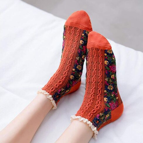 5 Pairs Women's Flower Socks with Lace Female Vintage Ethnic Floral Cotton Socks in Saudi Arabia