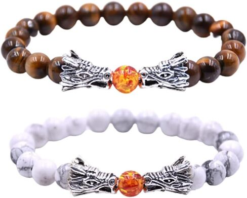 JczR.Y Dragon Bracelet Black Lava White Howlite Beaded Dragon Head Bracelet Stretch Natural Stone Turquoise Tiger Eye Bracelet for Women Retro Luck Charm Healing Beads Bracelet Jewelry in Saudi Arabia
