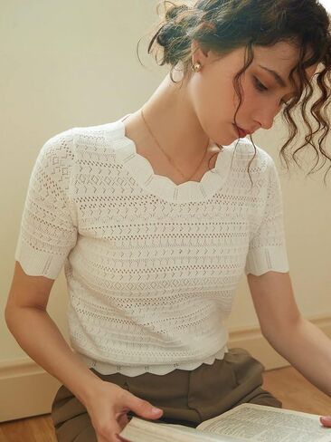 قميص علوي نسائي من COZYEASE بحافة على شكل صدفة ورقبة دائرية وأكمام قصيرة كاجوال شفاف in Saudi Arabia