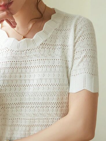 قميص علوي نسائي من COZYEASE بحافة على شكل صدفة ورقبة دائرية وأكمام قصيرة كاجوال شفاف in Saudi Arabia
