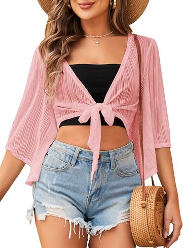 ZAFUL Women's Cropped Bolero Sheer Shrugs for Dress Short Sleeve Tie Front Cardigan in Saudi Arabia